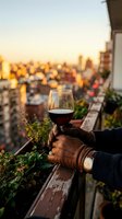 Person holding glass of red wine on rooftop terrace at sunset with urban cityscape skyline in background. Relaxation and leisure concept.