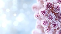 Delicate pink flowers covered in sparkling frost crystals against soft blurred background, creating dreamy winter nature macro photography with bokeh light effects.