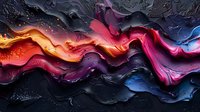 Abstract fluid art background with vibrant pink, orange, blue and black swirling waves creating dynamic motion effect, modern acrylic pour technique for wall decor.