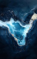 Abstract fluid art in deep blue and white tones with gold accents, featuring organic flowing patterns resembling aerial ocean views or marble textures. For luxury decor.