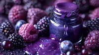 Fresh purple berry smoothie in glass jar with dripping sauce, surrounded by ripe raspberries, blackberries and blueberries on dark background.