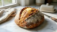 Freshly baked artisan sourdough loaf with crispy golden crust on marble countertop near window, perfect for bakery, food, and culinary content.