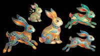 Decorative rabbits with ornamental patterns in turquoise, orange and gold isolated on transparent background. Ready for t-shirt design, clipart, stickers, sublimation and print-on-demand projects.