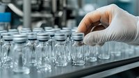 Laboratory worker in protective gloves handling multiple glass vials in pharmaceutical manufacturing facility. Clean sterile environment for medical production.