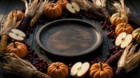 Autumn harvest arrangement with empty wooden plate surrounded by small pumpkins, corn husks, apples, and cranberries on dark surface for fall seasonal design.