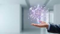 Businessman hand presenting holographic legal technology interface with scales of justice and digital network connections in modern office environment.