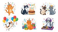 Cartoon cats and dog celebrating with balloons, birthday cake, gifts, and party decorations on isolated white background. Clipart collection suitable for greeting cards, invitations, and children's designs.