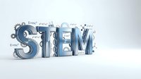 STEM education concept with large metallic letters surrounded by science, technology, engineering and mathematics symbols on white background.