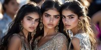 Three young South Asian women in glamorous sequined evening gowns and ornate gold earrings pose together with confident expressions and styled dark hair for fashion photography.
