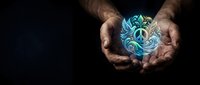 Male hands cupping glowing turquoise energy orb with swirling patterns against dark background for spiritual healing and mystical power concepts.