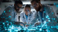 Medical team analyzing digital health data visualization with glowing blue network connections in modern laboratory setting for healthcare research.