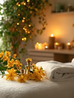 Relaxing spa composition with yellow lilies, massage oil, white towels and glowing candles creating warm atmospheric lighting for wellness background.