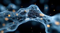 Glowing network connections with orange light particles floating in dark space, abstract digital neural network visualization showing connectivity patterns.