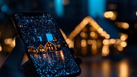 Smartphone displaying illuminated house reflection on wet screen with bokeh lights in background creates magical evening atmosphere with raindrops and glow.