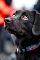 Close-up portrait of black Labrador puppy with bright amber eyes looking up attentively, wearing red and blue collar against blurred background.