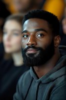 Young African American man with well-groomed beard wearing gray hoodie smiles confidently at camera, soft natural lighting creates warm atmosphere for lifestyle portraits.