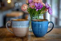 Two ceramic coffee mugs in blue and beige with fresh espresso on wooden table, pink and purple spring flowers in glass vase create cozy morning atmosphere.