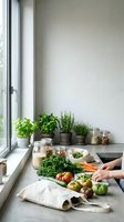 Fresh organic vegetables and herbs arranged on kitchen counter with glass storage jars and potted plants by window for healthy cooking and meal preparation.