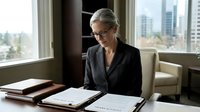 Professional blonde businesswoman in glasses reviewing documents at modern office desk with city skyline view through window.