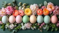 Pastel colored Easter eggs arranged in row with spring flowers including roses, ranunculus and eucalyptus on sage green background for holiday decor.