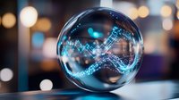 Glowing blue financial chart graph floating inside transparent soap bubble against blurred bokeh background, representing market volatility and predictions.