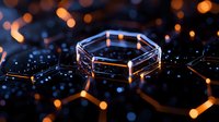 Glowing hexagonal molecular structure with orange and blue light effects on dark background, scientific concept for chemistry and technology research.