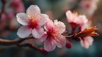 Delicate pink cherry blossoms with vibrant red centers bloom on branch, soft bokeh background creates dreamy spring atmosphere for nature photography projects.