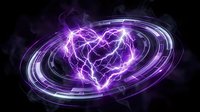 Electric purple lightning heart with glowing energy rings on dark background for romantic designs and Valentine's Day projects.