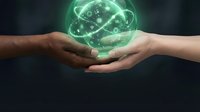 Two hands holding glowing green digital globe with orbital rings and particles, representing global technology, innovation, and digital connectivity for business and science concepts.