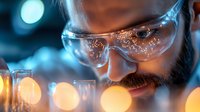 Bearded male scientist wearing protective eyewear examines specimen in laboratory setting with dramatic bokeh lighting effects creating atmospheric research environment.