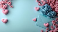 Romantic composition with pink hearts, turquoise envelope and delicate flowers on pastel blue background. Gentle spring mood for love messages and greetings.