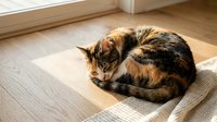 Tabby cat curled up on light wooden floor near window, resting on white mat. Domestic pet relaxation scene.