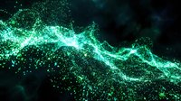 Glowing turquoise particle wave flowing across dark background, representing data stream, digital transformation, technology innovation, and futuristic network connectivity for tech presentations.