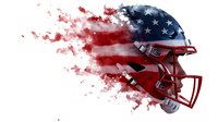 Red football helmet with American flag pattern dissolving into abstract smoke effect against white background, sports equipment design concept.
