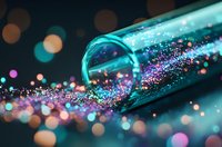 Colorful glitter spilling from glass tube with magical sparkle effect against dark background, creating dreamy bokeh lights in turquoise and purple tones.