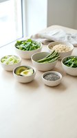 Fresh healthy ingredients in white bowls on wooden table including leafy greens, asparagus, avocado, quinoa and chia seeds for clean eating meal prep.