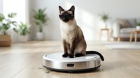 Siamese cat sitting on robotic vacuum cleaner in modern living room with plants and furniture. Smart home cleaning technology concept.