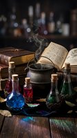 Mystical alchemy setup with smoking cauldron, colorful potions in glass bottles, ancient spellbooks and magical symbols for fantasy themed designs.