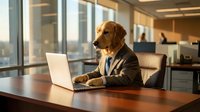 Professional golden retriever dog in business suit working on laptop computer in modern corporate office environment during golden hour lighting.