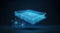 Glowing digital book with atom symbols on dark background, representing science, technology, knowledge, and innovation in education and research.