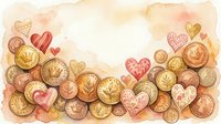 Watercolor coins and hearts border on warm beige background, soft romantic financial concept with floral and crown motifs, copy space center.