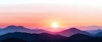 Layered mountain silhouettes against vibrant sunset sky with glowing sun, purple and pink gradient colors create serene panoramic landscape view.
