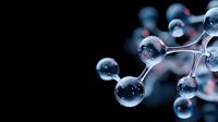 Molecular structure visualization with transparent spheres connected by silver bonds on dark background, scientific concept for chemistry and research.