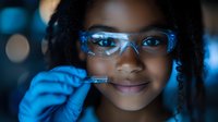 Young African American girl wearing protective blue glasses and gloves examines scientific sample in modern laboratory with dramatic blue lighting and bokeh background.