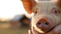 Young pink pig with prominent snout in warm sunlight on farm, close-up portrait showing curious expression and detailed facial features for agricultural content.