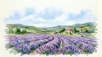 Watercolor lavender field landscape with a farmhouse, rolling hills, and cloudy sky, evoking a serene Provencal countryside atmosphere.