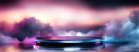 Futuristic circular platform stage with glowing neon lights against dramatic purple pink clouds background for product display and presentation design.