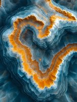 Abstract aerial view of layered blue and orange mineral formations creating organic flowing patterns and textures resembling topographic terrain or natural agate stone.