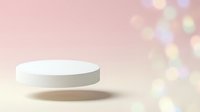 White cylindrical podium platform floating on soft pink background with golden bokeh lights for product display and presentation.