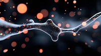 Glowing abstract liquid connection with orange bokeh lights on dark background, fluid dynamic shapes creating futuristic network visualization.